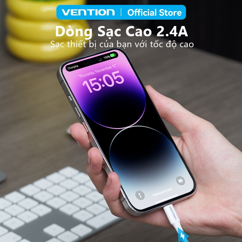 Cáp Sạc Nhanh 12W Vention USB-A Sang Light ,Sạc ổn định, Truyền Dữ Liệu nhanh,Dây dẻo bền