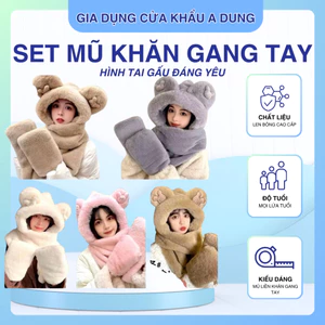 Mũ Trùm Đầu Tai Gấu 3in1 Kèm Khăn Và Bao Tay Lông Mềm Cao Cấp Giữ Ấm Mùa Đông Dễ Thương Quà Tặng Giáng Sinh Nam Nữ