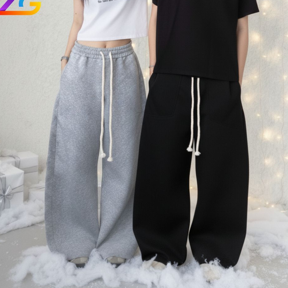 Quần nỉ ống cong Zgo phối dây thừng bản nhỏ unisex nam nữ chất nỉ 2 da Quảng Châu dày dặn đứng from Qzg22