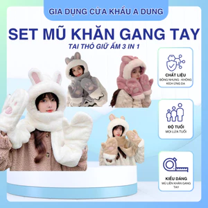 Set Mũ Bông Kèm Khăn Gang Tay Mùa Đông 3 In 1 Hình Tai Thỏ Quà Tặng Giáng Sinh Siêu Đáng Yêu Giữ Ấm Mùa Đông