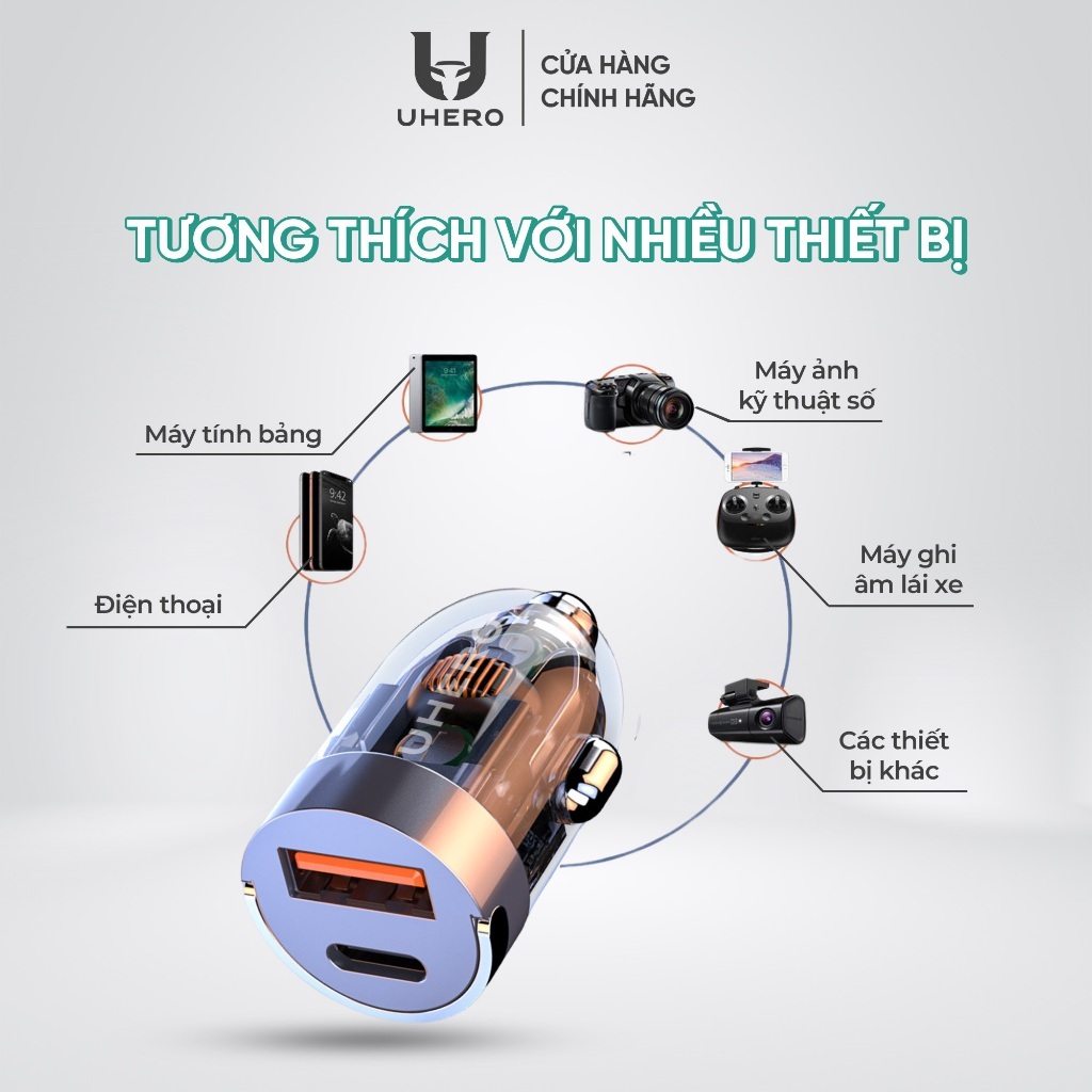 Tẩu sạc nhanh ô tô 48W UHERO chính hãng 2 cổng USB Type-C, chip thông minh TSN