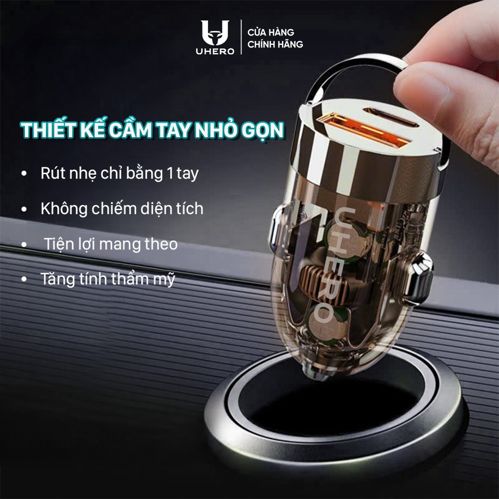 Tẩu sạc nhanh ô tô 48W UHERO chính hãng 2 cổng USB Type-C, chip thông minh TSN
