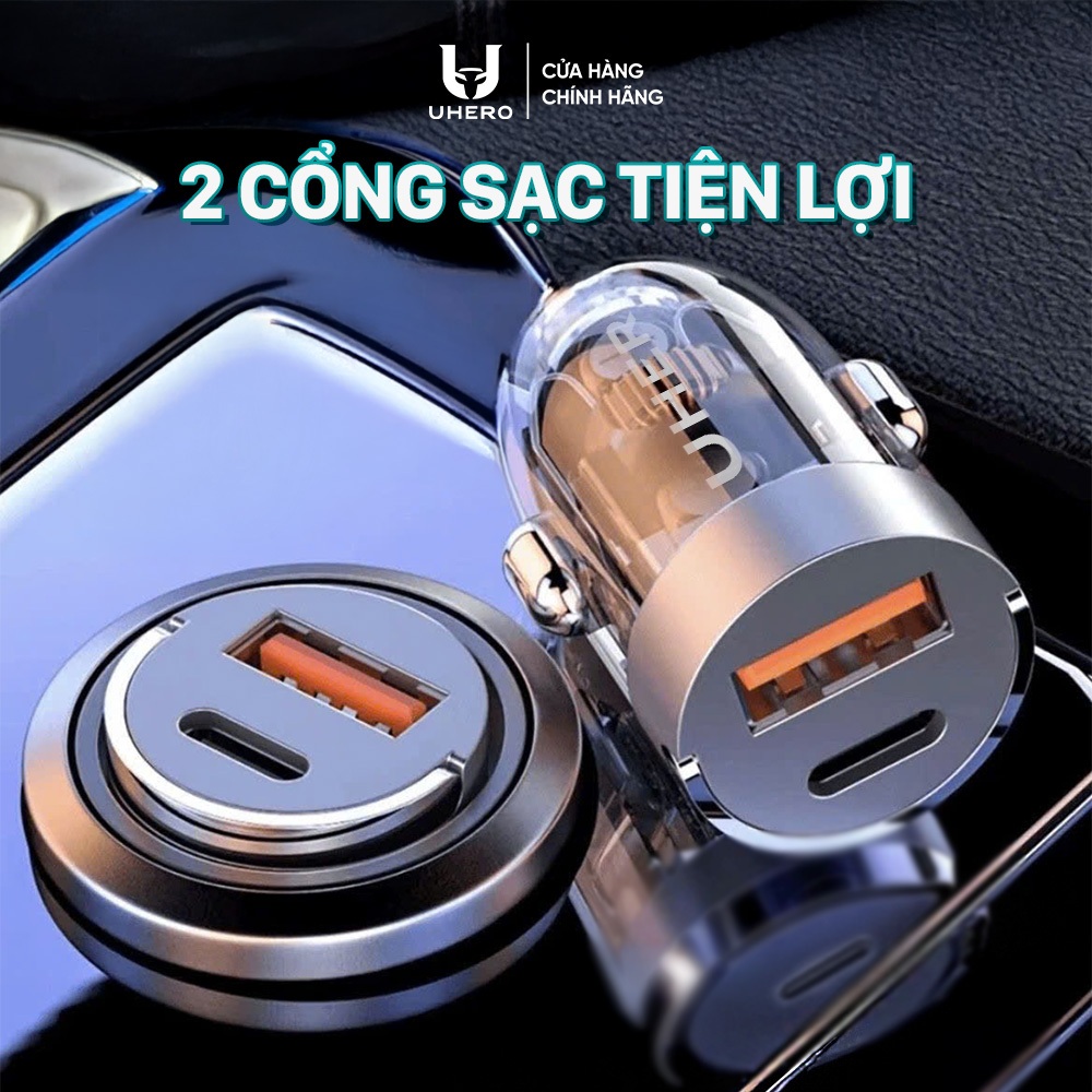 Tẩu sạc nhanh ô tô 48W UHERO chính hãng 2 cổng USB Type-C, chip thông minh TSN
