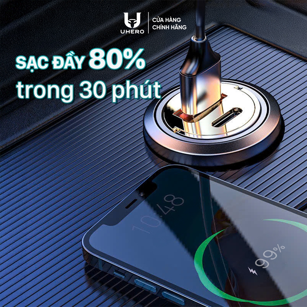 Tẩu sạc nhanh ô tô 48W UHERO chính hãng 2 cổng USB Type-C, chip thông minh TSN