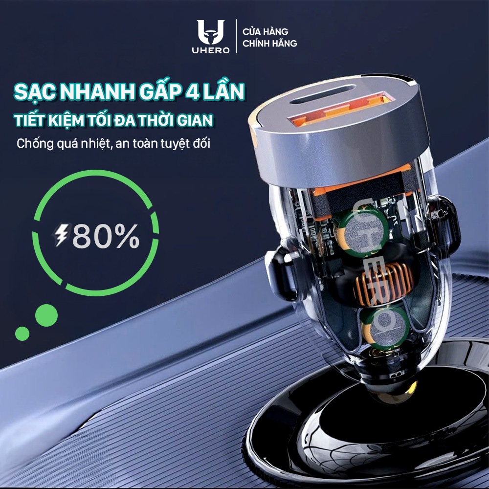 Tẩu sạc nhanh ô tô 48W UHERO chính hãng 2 cổng USB Type-C, chip thông minh TSN