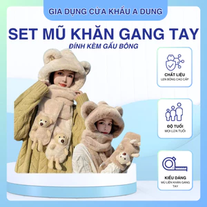 Set Mũ Gấu Lông Tai Thỏ 3in1 - Mũ Trùm Đầu Mũ Khăn Cổ Gang Tay Gắn Hình Thú Gấu Dễ Thương Quà Giáng Sinh Noel Dễ Thương
