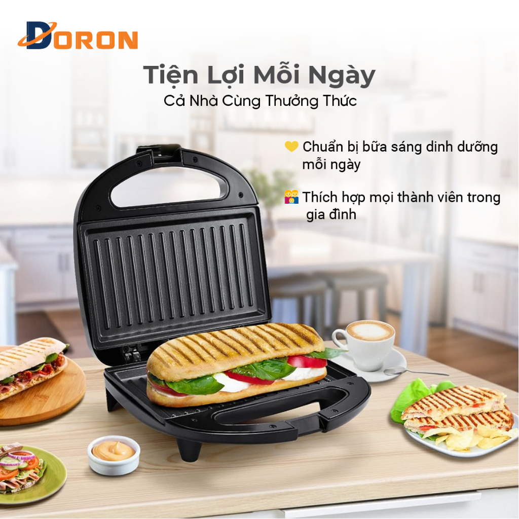 Máy nướng bánh mì DORON 750W làm nóng đều 2 mặt khuôn, bánh thơm ngon
