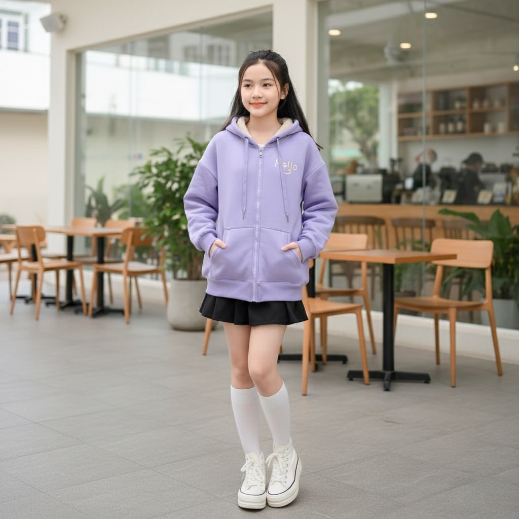 Khoác nỉ 2 lớp lót lông hello cho bé gái size đại BEESHOP D25093