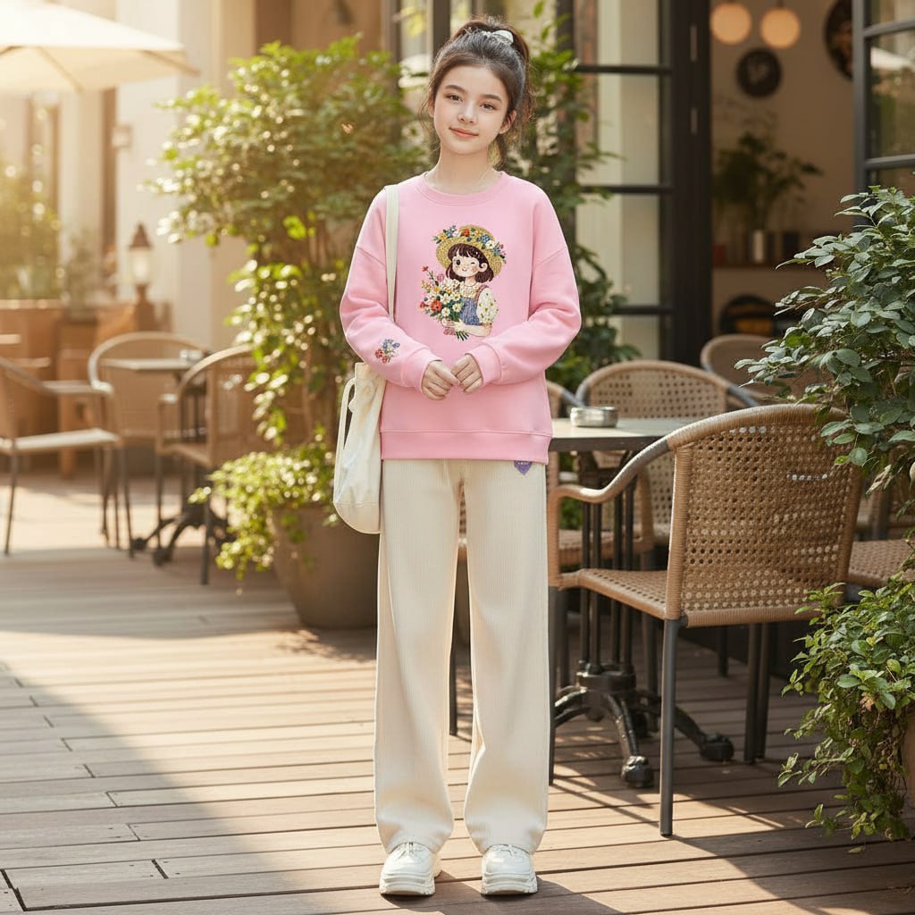 Áo nỉ cổ tròn cô gái cầm hoa cho bé gái size đại BEESHOP D25094