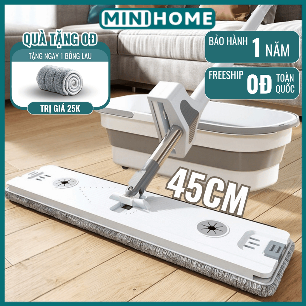 Cây lau nhà tự vắt bàn lau lớn 45cm tiện lợi chổi lau nhà 3 trong 1 lau khô đa năng cây lau nhà vắt phẳng GOMOP M1