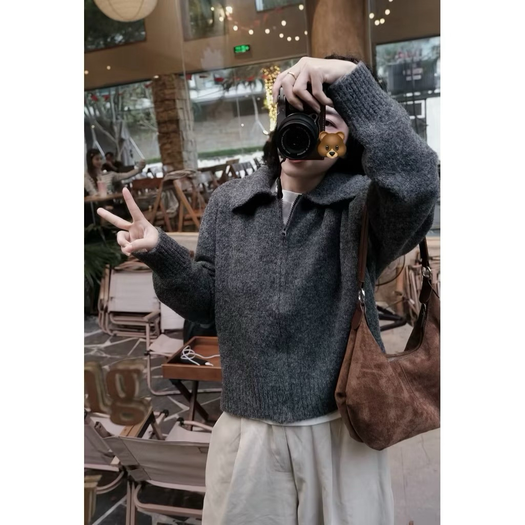 [NEW SẴN /2025]Áo len cardigan cổ bẻ khoá kéo lông xù TAG CỪU màu vintage hàng QC loại 1