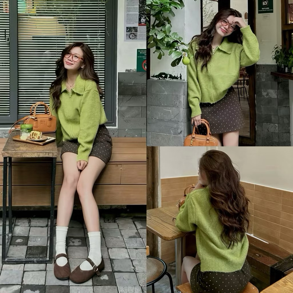 [NEW SẴN /2025]Áo len cardigan cổ bẻ khoá kéo lông xù TAG CỪU màu vintage hàng QC loại 1