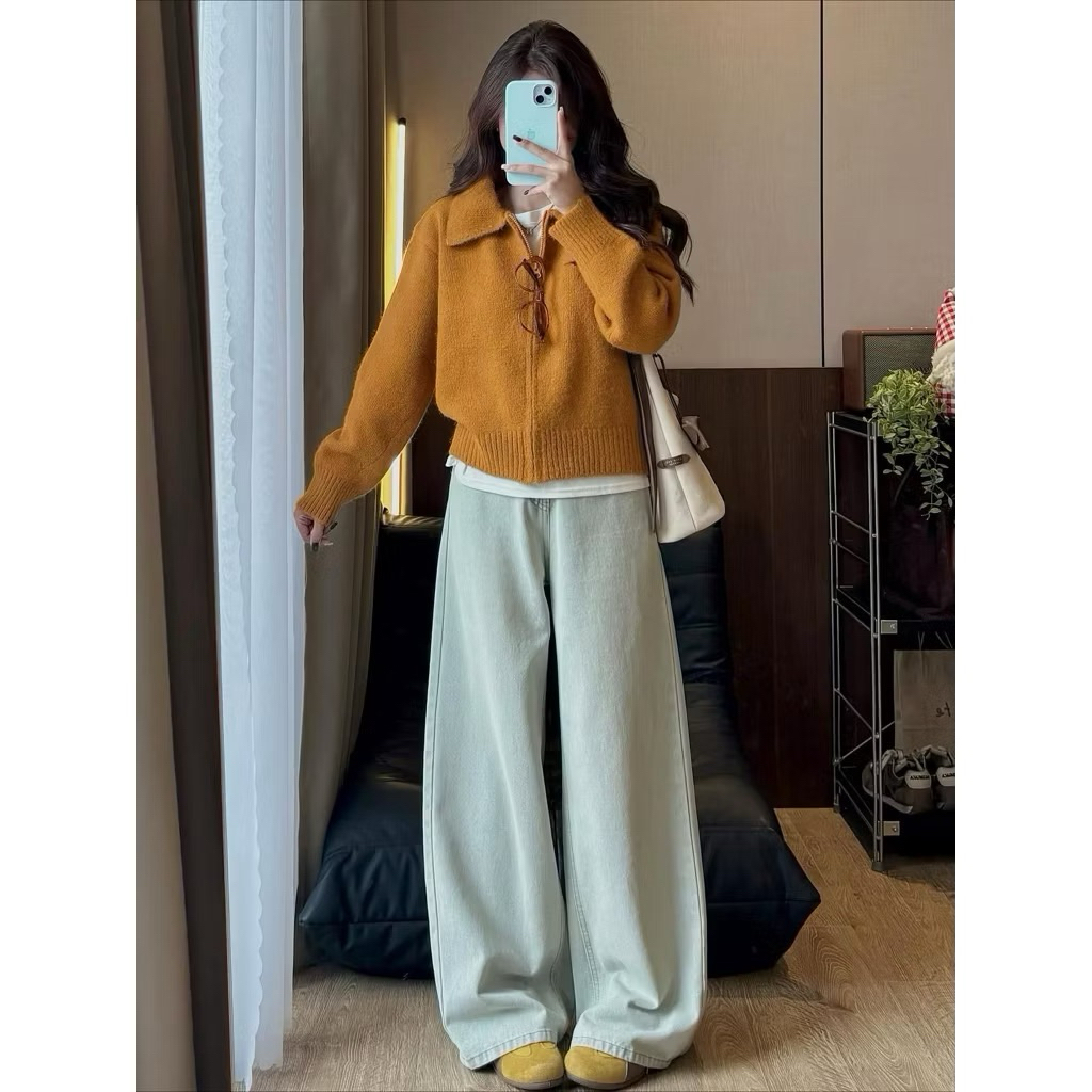 [NEW SẴN /2025]Áo len cardigan cổ bẻ khoá kéo lông xù TAG CỪU màu vintage hàng QC loại 1