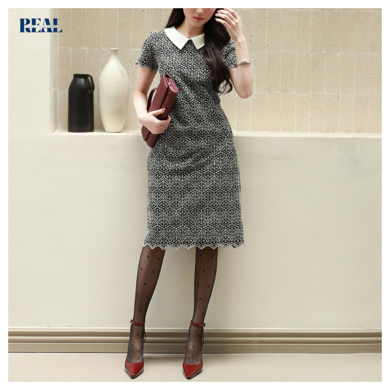 Đầm suông ren tay ngắn, cổ lá sen REAL CLOTHES (tổng hợp màu), CÓ TÚI, có lót