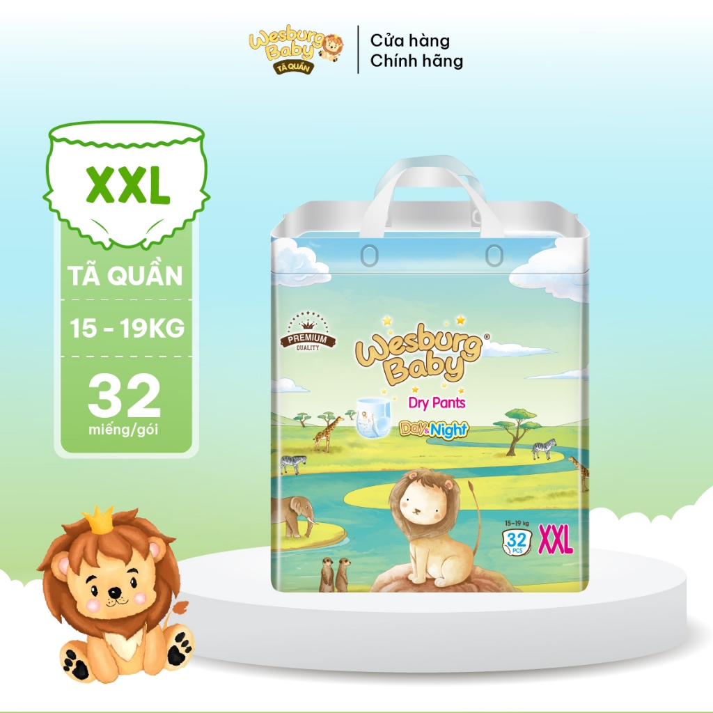 [MUA 2 GIẢM 50%] Tã Quần Trẻ Em WESBURG BABY Siêu Thấm Hút Thoáng Khí 360° Mềm Mại Ôm Khít Size XXL x32 miếng (15-19kg)