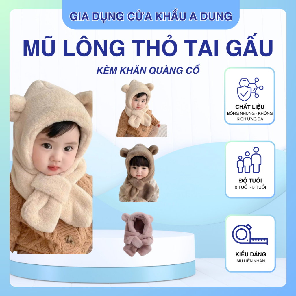 Mũ Lông Thỏ 2 IN 1 Kèm Khăn Quàng Cổ Hình Tai Gấu Dễ Thương Giữ Ấm Mùa Đông Cho Bé Quà Tặng Giáng Sinh Cho Bé
