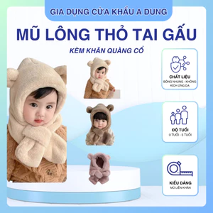 Mũ Lông Thỏ 2 IN 1 Kèm Khăn Quàng Cổ Hình Tai Gấu Dễ Thương Giữ Ấm Mùa Đông Cho Bé Quà Tặng Giáng Sinh Cho Bé