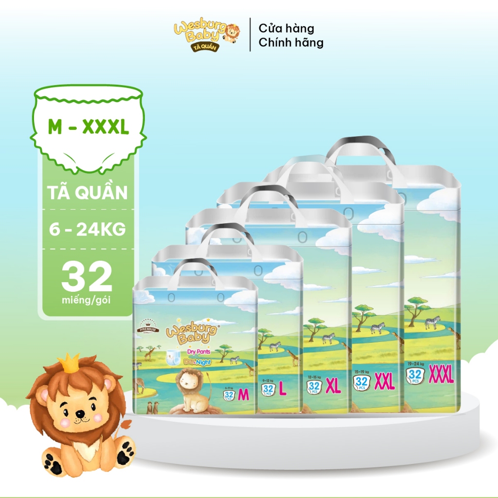 Tã Quần Trẻ Em WESBURG BABY Thấm Hút Thoáng Khí 360° Mềm Mại Ôm Khít Size M/L/XL/XXL/XXXL x32 miếng