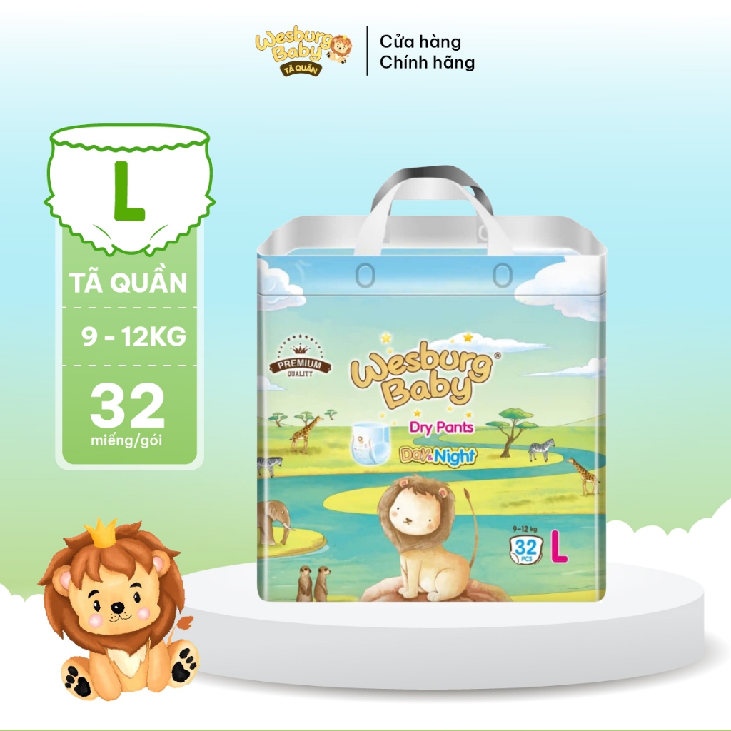 Tã Quần Trẻ Em WESBURG BABY Siêu Thấm Hút Thoáng Khí 360° Mềm Mại Ôm Khít Size L x32 miếng (9-12kg)