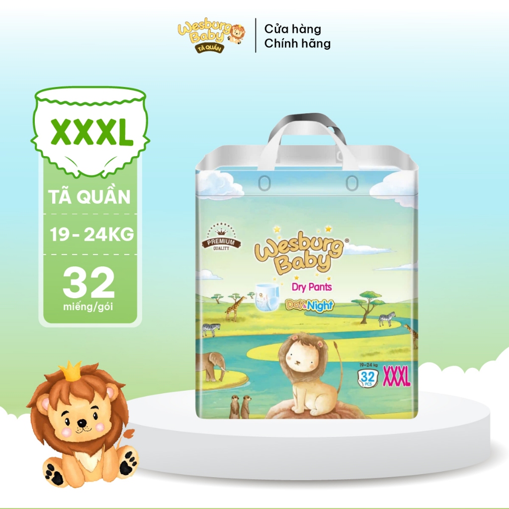 [MUA 2 GIẢM 50%] Tã Quần Trẻ Em WESBURG BABY Siêu Thấm Hút Thoáng Khí 360° Mềm Mại Ôm Khít Size XXXL x32 miếng (19-24kg)