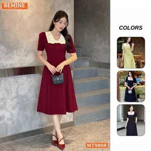 Đầm thiết kế BEMINE cổ phối nơ dáng xòe dài phù hợp đi làm, đi chơi-MT9808