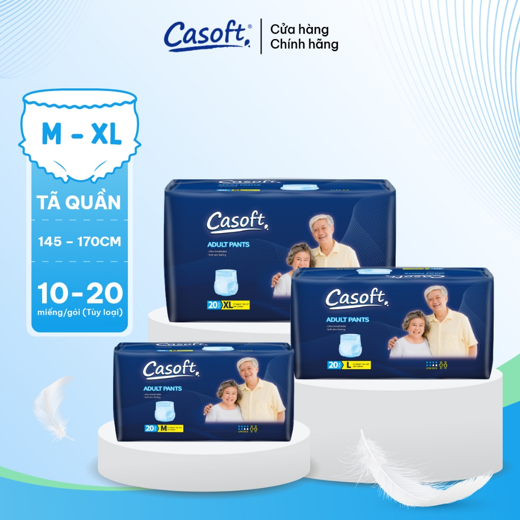 Tã Quần Người Lớn Casoft – Siêu Thấm Hút, Chống Tràn Kép, Thoáng Khí Đa Chiều Size M/L/XL x10-20 miếng