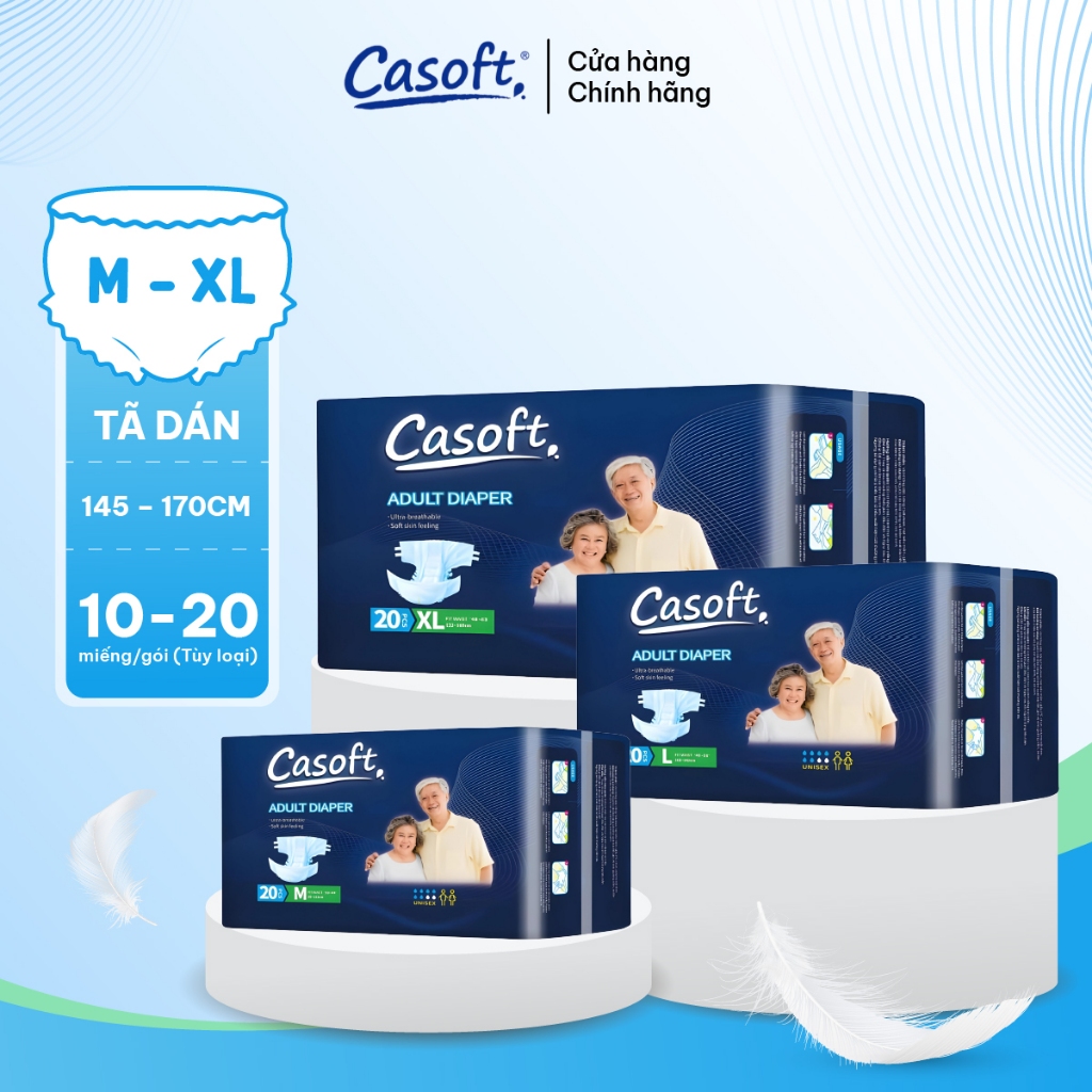 Tã Dán Người Lớn Casoft – Siêu Thấm Hút, Chống Tràn Kép, Thoáng Khí Đa Chiều Size M/L/XL x10-20 miếng