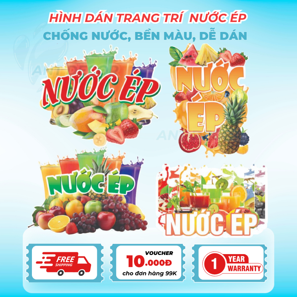 Decal NƯỚC ÉP – Nhãn Dán Trang Trí Xe Nước, Quầy Giải Khát – Màu Sắc Tươi Sáng, Dễ Dán, Chống Nước