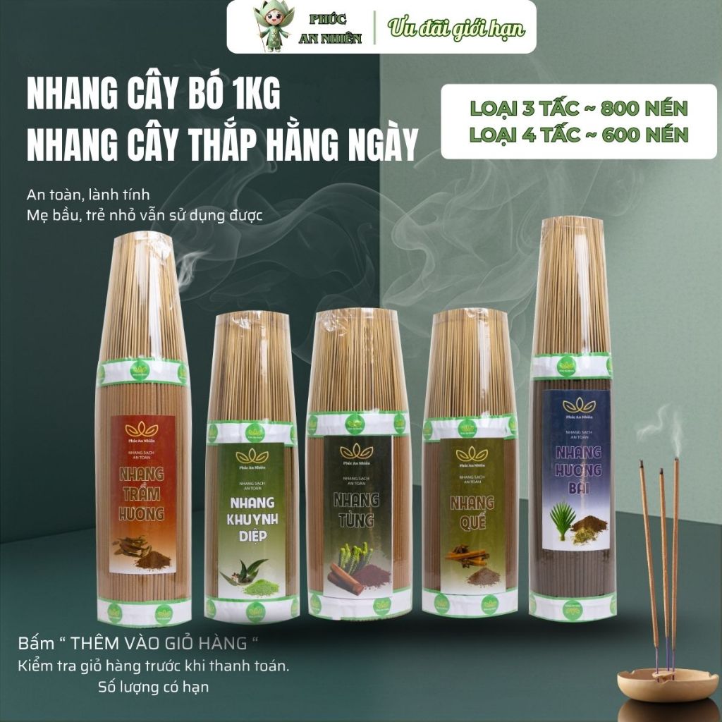 Nhang Cây Phúc An Nhiên Bó 1kg – 3/4 Tấc – 5 Mùi Thảo Mộc Tự Nhiên, Ít Khói, Hương Dịu Nhẹ, Không Hóa Chất