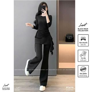 Set đồ nữ áo cổ tròn lệch tà phối quần xuông ống loe LUST Set đồ dài tay chất umi cao cấp PTA178