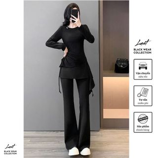 Set đồ nữ áo cổ tròn lệch tà phối quần xuông ống loe LUST Set đồ dài tay chất umi cao cấp PTA178