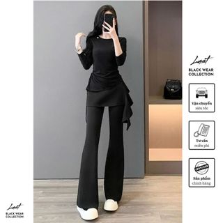 Set đồ nữ áo cổ tròn lệch tà phối quần xuông ống loe LUST Set đồ dài tay chất umi cao cấp PTA178