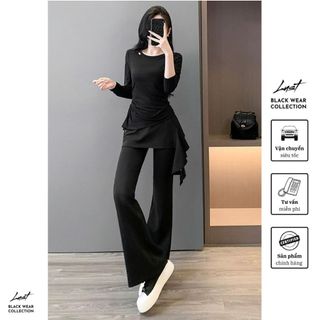 Set đồ nữ áo cổ tròn lệch tà phối quần xuông ống loe LUST Set đồ dài tay chất umi cao cấp PTA178
