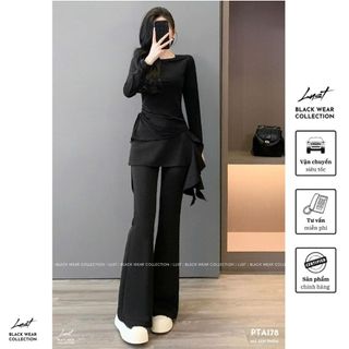 Set đồ nữ áo cổ tròn lệch tà phối quần xuông ống loe LUST Set đồ dài tay chất umi cao cấp PTA178