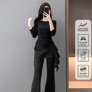 Set đồ nữ áo cổ tròn lệch tà phối quần xuông ống loe LUST Set đồ dài tay chất umi cao cấp PTA178