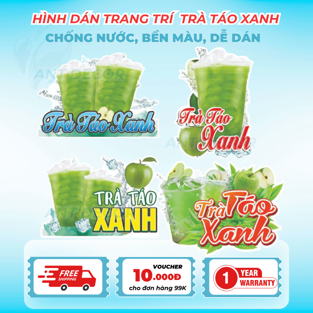 Decal Trà TÁO XANH – Nhãn Dán Trang Trí Quầy, Xe Nước Uống – Đẹp Mắt, Bền Màu, Chống Nước