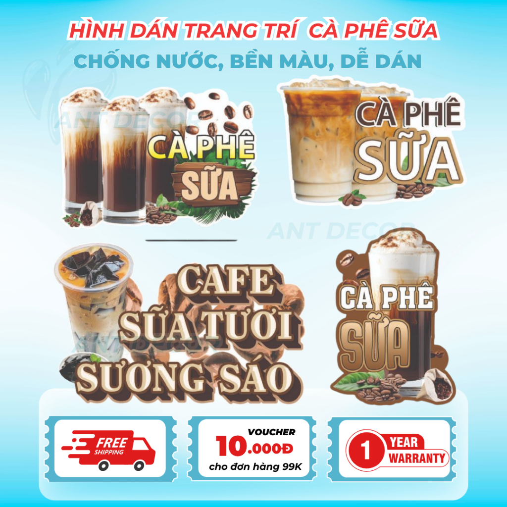 Decal Cà Phê SỮA sẵn keo chống nước trang trí xe nước