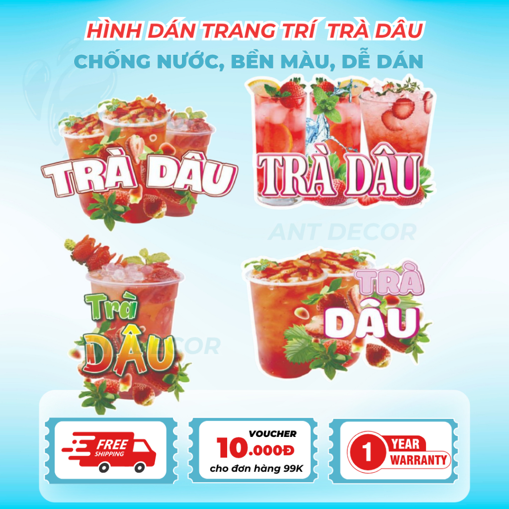 Decal Dán Trà Dâu – Nhãn Dán Trang Trí Xe Nước Giải Khát – Chống Nước,Dễ Dán, Bền Đẹp