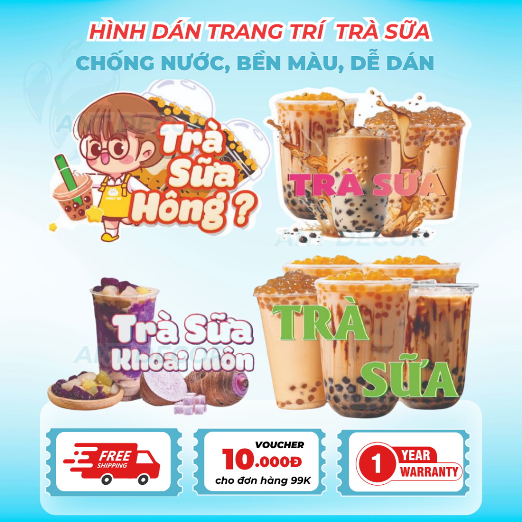 Decal TRÀ SỮA – Nhãn Dán Trang Trí Xe Bán Trà Sữa, Quầy Nước – Chống Nước - Dễ Dán, Bền Đẹp, Bền Màu