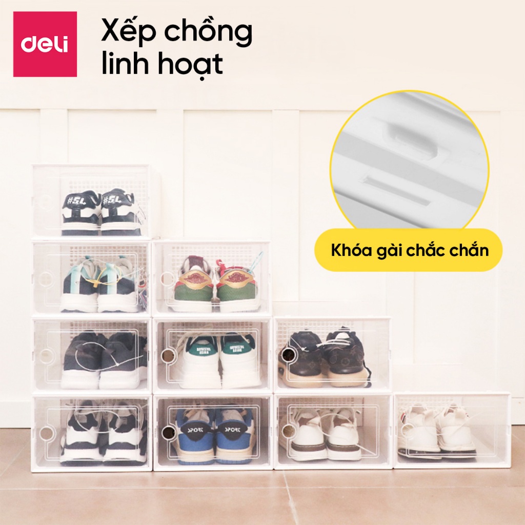 Hộp đựng giày trong suốt Deli – Nhựa PP cao cấp, xếp chồng tiện lợi, khóa gài chắc chắn, tiết kiệm không gian