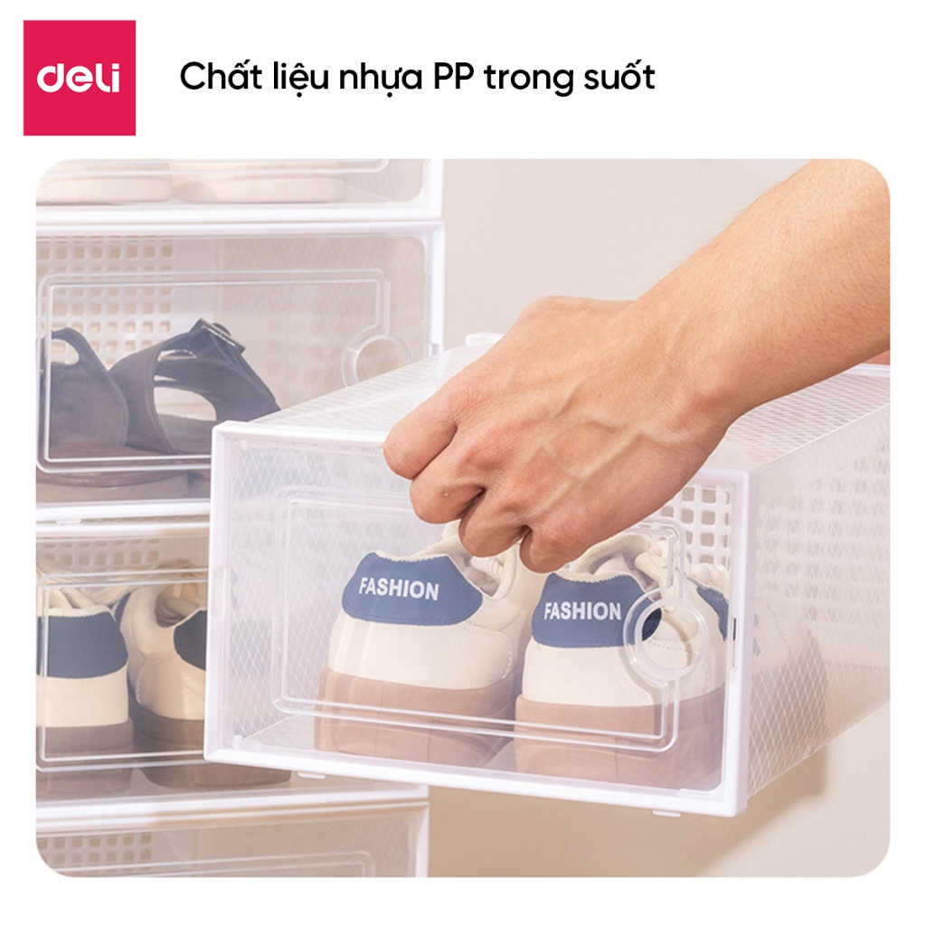 Hộp đựng giày trong suốt Deli – Nhựa PP cao cấp, xếp chồng tiện lợi, khóa gài chắc chắn, tiết kiệm không gian