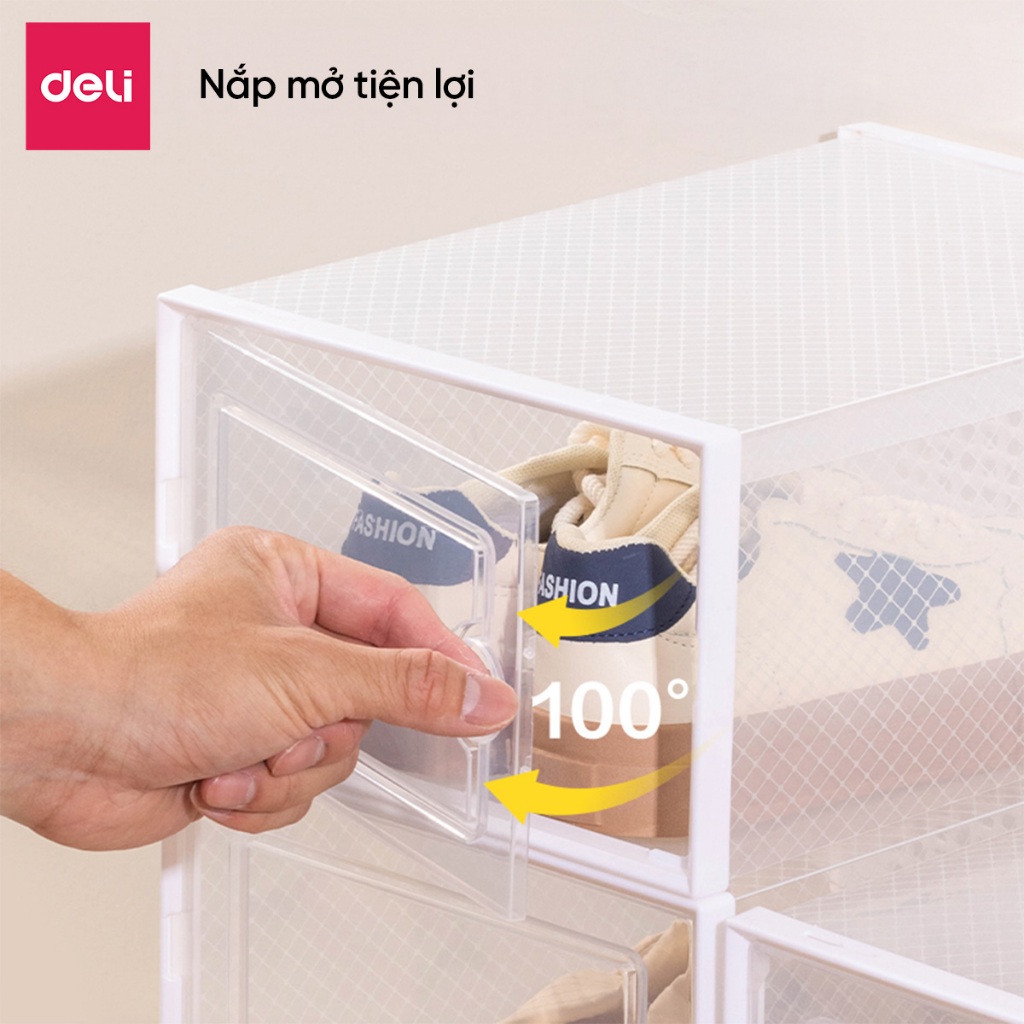 Hộp đựng giày trong suốt Deli – Nhựa PP cao cấp, xếp chồng tiện lợi, khóa gài chắc chắn, tiết kiệm không gian