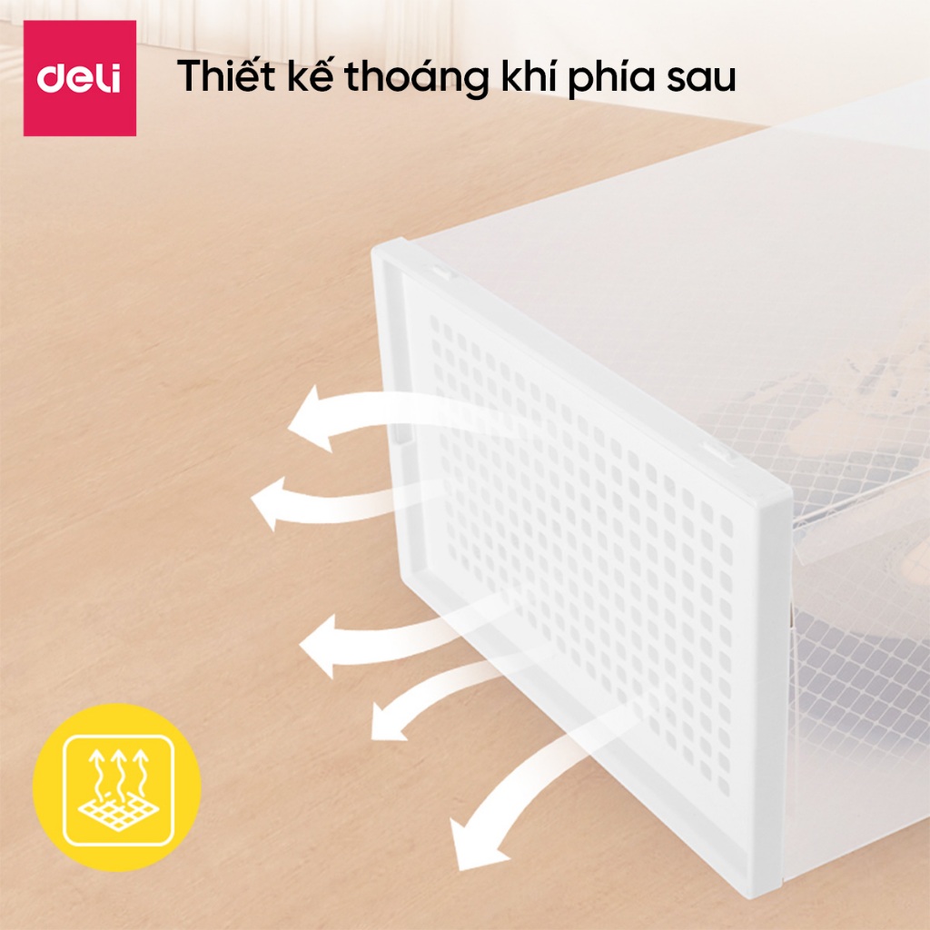 Hộp đựng giày trong suốt Deli – Nhựa PP cao cấp, xếp chồng tiện lợi, khóa gài chắc chắn, tiết kiệm không gian