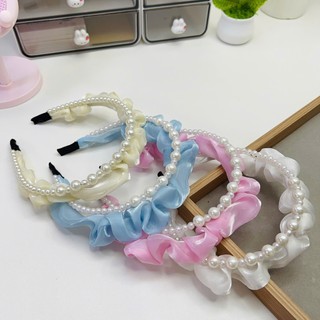 Bờm tóc vải tơ nhún phối hạt trai nhân tạo, bờm tóc ánh nhũ sang chảnh Chồi accessories Y002