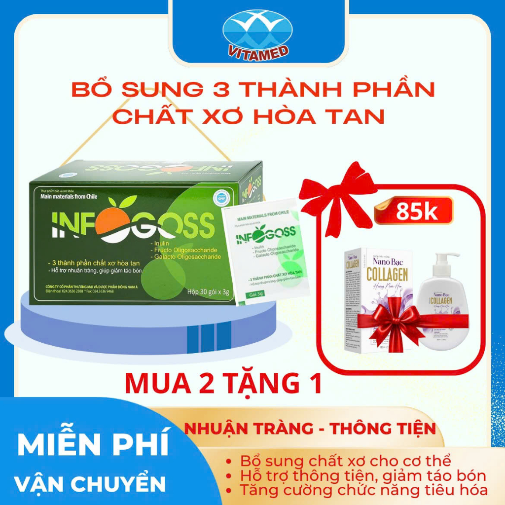 Infogoss 3g IAP - Chất xơ hòa tan hỗ trợ giảm táo bón, nhuận tràng (30 gói)