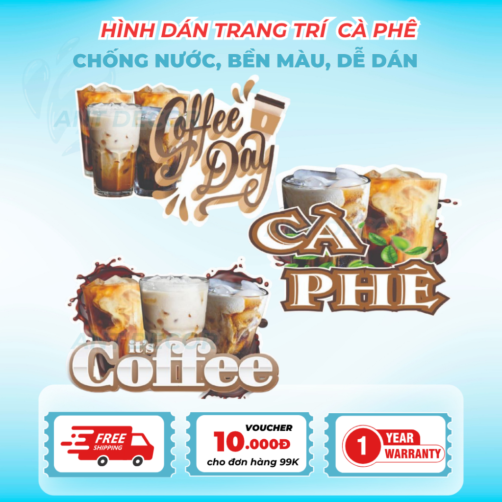Decal Cà Phê sẵn keo chống nước trang trí xe nước - Chống Thấm, Bám Mực Tốt, Dễ Dán
