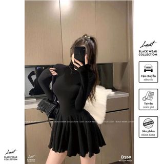 Đầm nữ đen ôm eo dáng xòe tay dài cổ lọ LUST Váy nữ ôm body tôn dáng chất cotton cao cấp Đ269