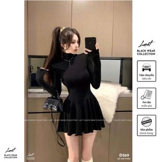 Đầm nữ đen ôm eo dáng xòe tay dài cổ lọ LUST Váy nữ ôm body tôn dáng chất cotton cao cấp Đ269