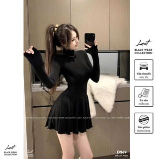Đầm nữ đen ôm eo dáng xòe tay dài cổ lọ LUST Váy nữ ôm body tôn dáng chất cotton cao cấp Đ269