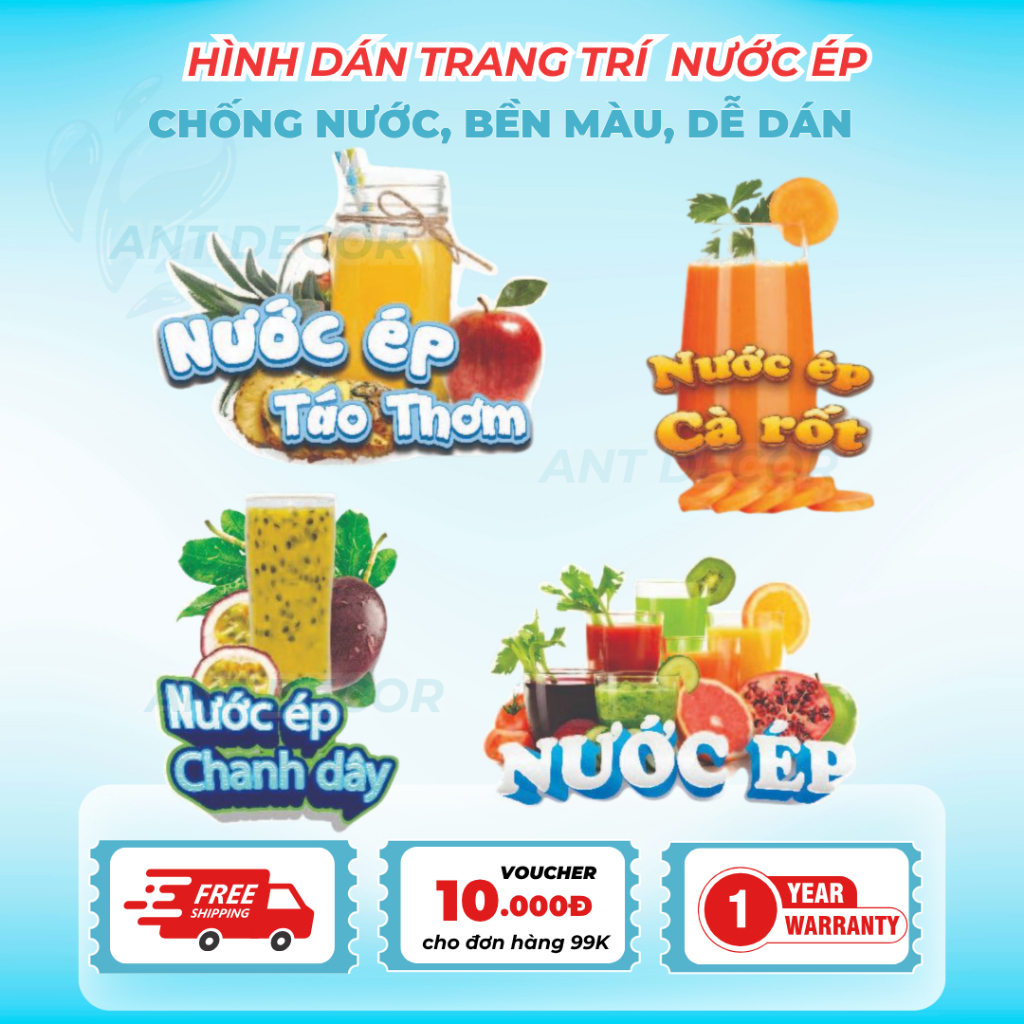 Decal NƯỚC ÉP – Nhãn Dán Trang Trí Xe Nước, Quầy Giải Khát – Màu Sắc Tươi Sáng, Dễ Dán, Chống Nước